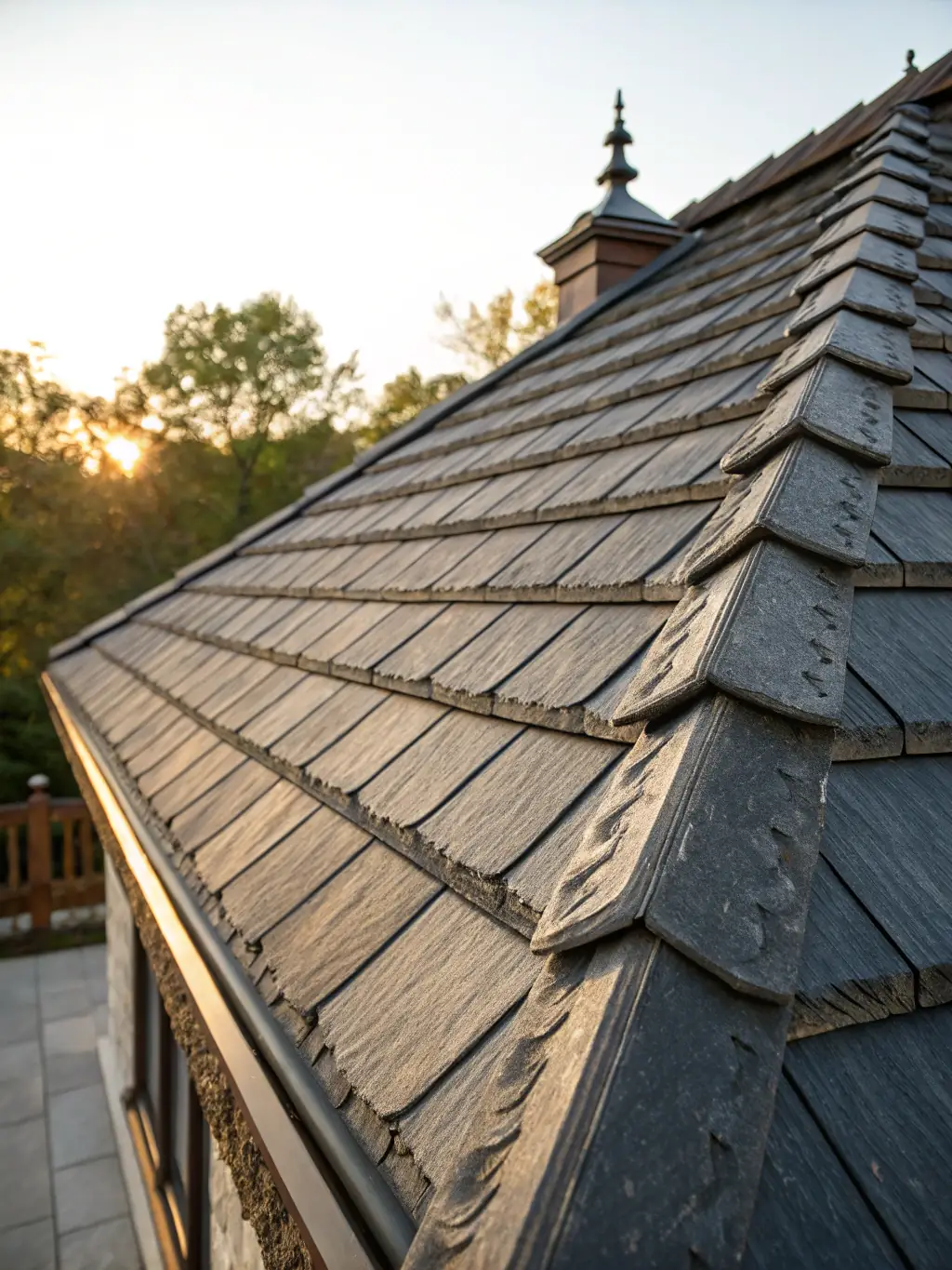 A photorealistic image of a complex roof Revit family, showcasing its intricate design and weather resistance in a modern architectural design.