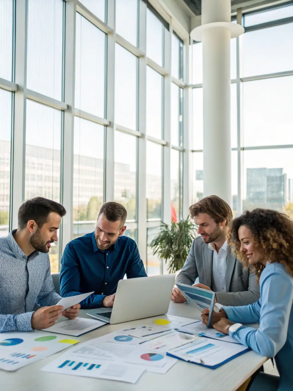 A photo of a team collaborating on a Revit project in a well-lit office, emphasizing teamwork and shared problem-solving.
